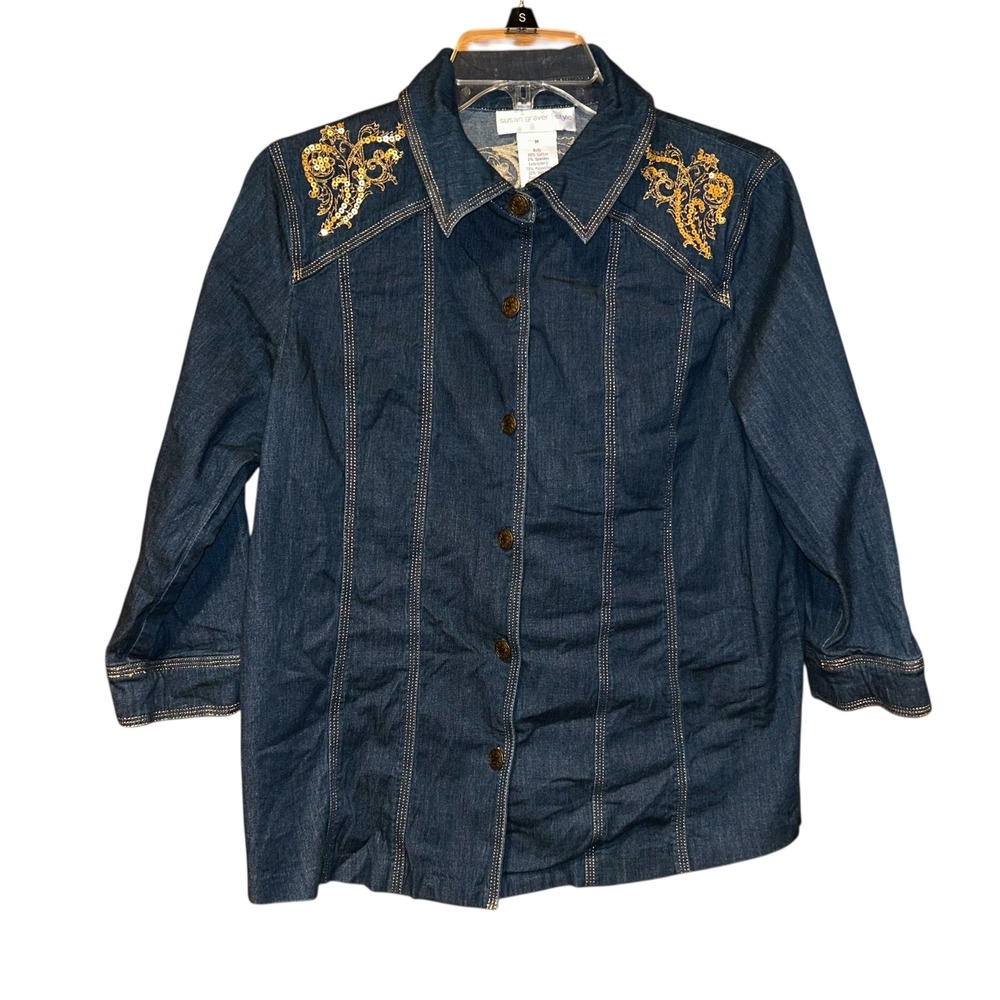 Susan Graver Denim Shirt Jacket Womens Medium‎ Embroidered Sequins Western